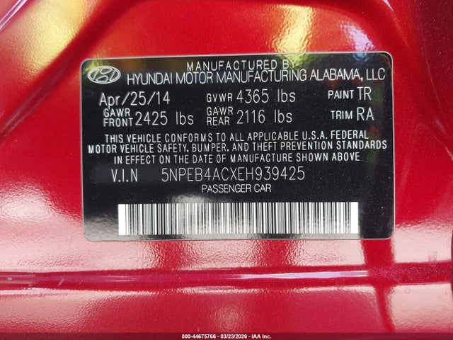 5NPEB4ACXEH939425 Hyundai SONATA GLS