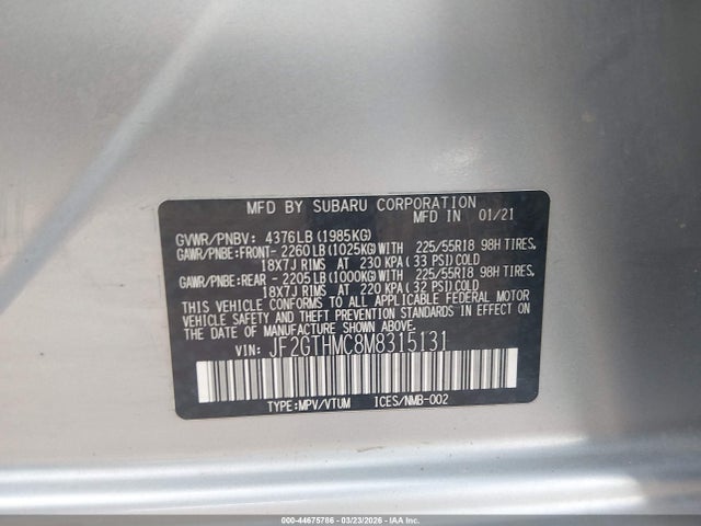 Продаж на аукціоні авто 2021 Subaru Crosstrek Limited, vin: JF2GTHMC8M8315131, номер лоту: 44675786