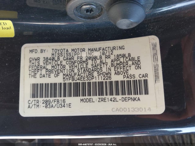 2013 Toyota Corolla Le მანქანა იყიდება აუქციონზე, vin: 5YFBU4EE3DP111226, აუქციონის ნომერი: 44675787