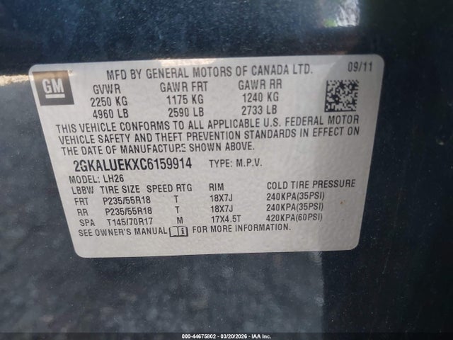 44675802 :رقم المزاد ، 2GKALUEKXC6159914 vin ، 2012 Gmc Terrain Slt-1 مزاد بيع