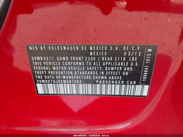 Продаж на аукціоні авто 2012 Volkswagen Jetta 2.5l Se, vin: 3VWDX7AJ0CM387063, номер лоту: 44675811