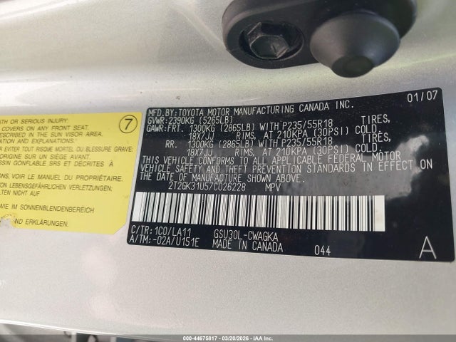 Aukcja sprzedaży 2007 Lexus Rx 350, vin: 2T2GK31U57C026228, numer aukcji: 44675817