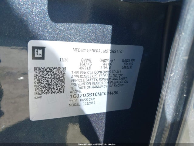 44675818 :رقم المزاد ، 1G1ZD5ST0MF044480 vin ، 2021 Chevrolet Malibu Fwd Lt مزاد بيع