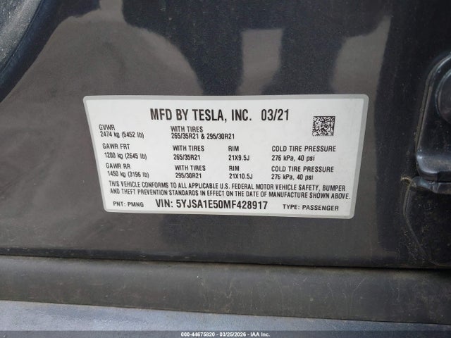 Aukcja sprzedaży 2021 Tesla Model S Long Range Dual Motor All-wheel Drive, vin: 5YJSA1E50MF428917, numer aukcji: 44675820