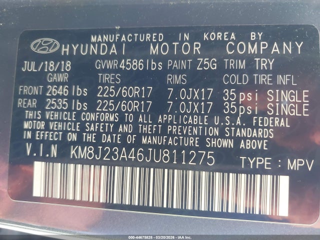 KM8J23A46JU811275 Hyundai TUCSON SE