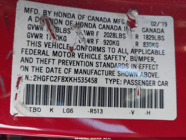 Honda Civic Sport 2019 2HGFC2F8XKH535458 Image 9
