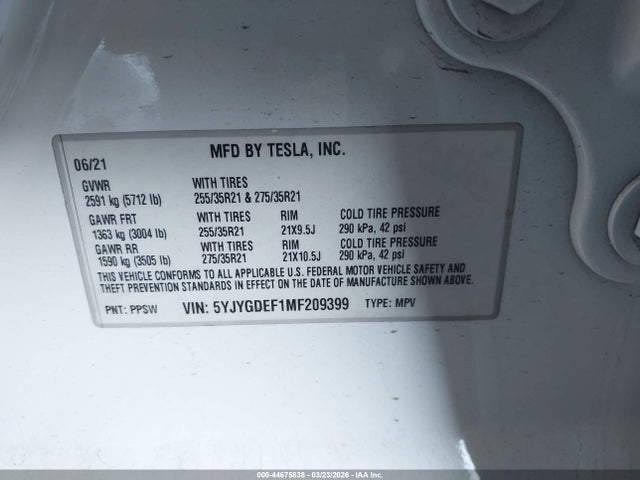 44675838 :رقم المزاد ، 5YJYGDEF1MF209399 vin ، 2021 Tesla Model Y Performance Dual Motor All-wheel Drive مزاد بيع