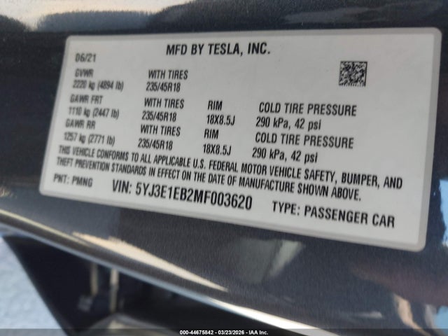 Aukcja sprzedaży 2021 Tesla Model 3 Long Range Dual Motor All-wheel Drive, vin: 5YJ3E1EB2MF003620, numer aukcji: 44675842