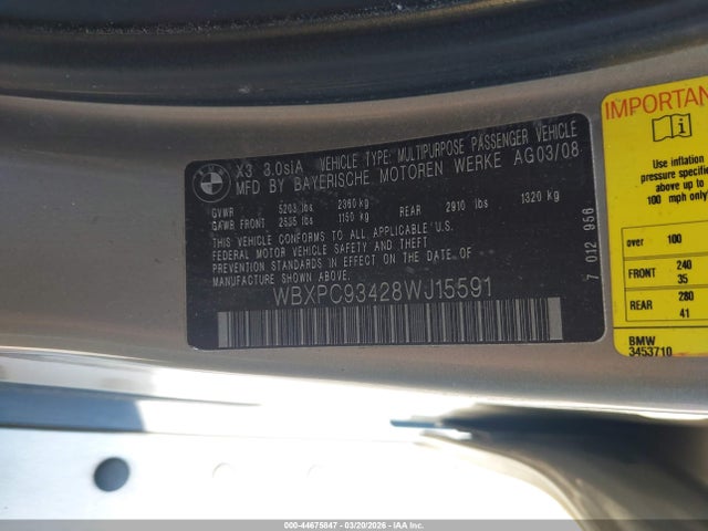 Продаж на аукціоні авто 2008 Bmw X3 3.0si, vin: WBXPC93428WJ15591, номер лоту: 44675847