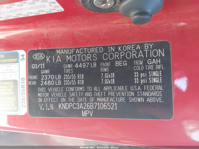 44675867 :رقم المزاد ، KNDPC3A26B7106521 vin ، 2011 Kia Sportage Ex مزاد بيع