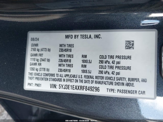 Продажа на аукционе авто 2024 Tesla Model 3 Long Range Dual Motor All-wheel Drive/rear-wheel Drive, vin: 5YJ3E1EAXRF849296, номер лота: 44675898