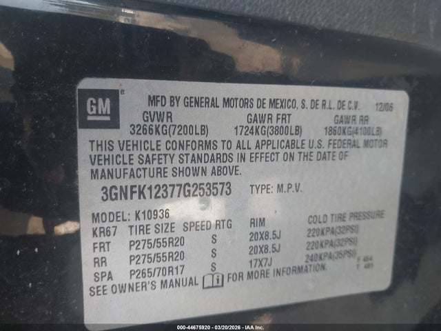 Продажа на аукционе авто 2007 Chevrolet Avalanche 1500 Ltz, vin: 3GNFK12377G253573, номер лота: 44675920