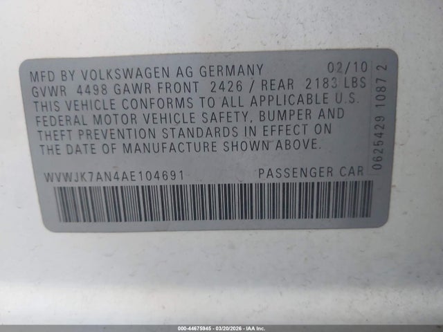 44675945 :رقم المزاد ، WVWJK7AN4AE104691 vin ، 2010 Volkswagen Passat Komfort مزاد بيع