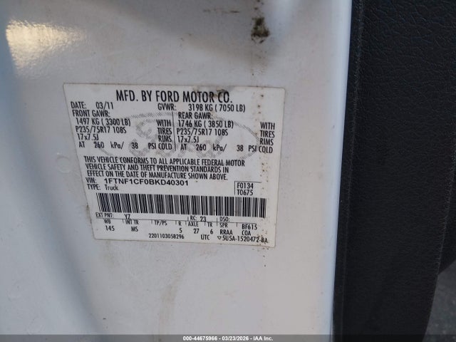 Aukcja sprzedaży 2011 Ford F-150 Xlt, vin: 1FTNF1CF0BKD40301, numer aukcji: 44675966
