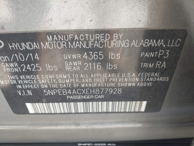 5NPEB4ACXEH877928 Hyundai SONATA GLS