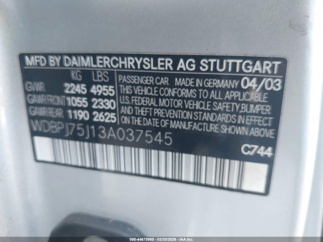Продаж на аукціоні авто 2003 Mercedes-benz Cl 500, vin: WDBPJ75J13A037545, номер лоту: 44675980