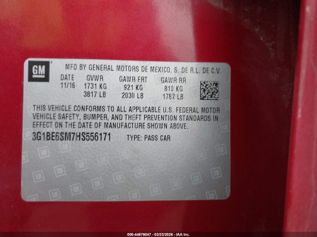 44676047 :رقم المزاد ، 3G1BE6SM7HS556171 vin ، 2017 Chevrolet Cruze Lt Auto مزاد بيع