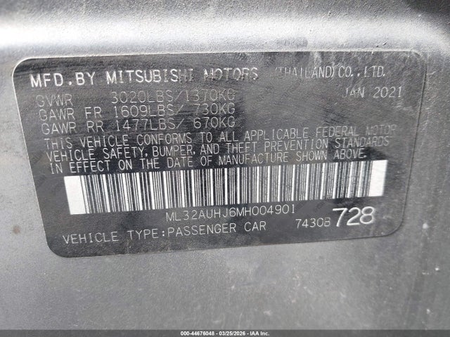 Продаж на аукціоні авто 2021 Mitsubishi Mirage Carbonite Edition/es/le, vin: ML32AUHJ6MH004901, номер лоту: 44676048