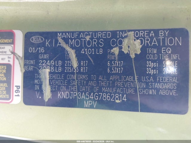 44676050 :رقم المزاد ، KNDJP3A54G7862814 vin ، 2016 Kia Soul + مزاد بيع