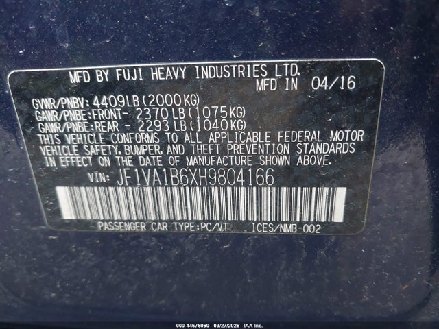 Aukcja sprzedaży 2017 Subaru Wrx, vin: JF1VA1B6XH9804166, numer aukcji: 44676060