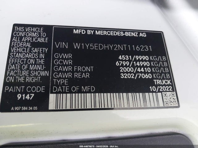 44676075 :رقم المزاد ، W1Y5EDHY2NT116231 vin ، 2022 Mercedes-benz Sprinter 3500 High Roof V6 مزاد بيع