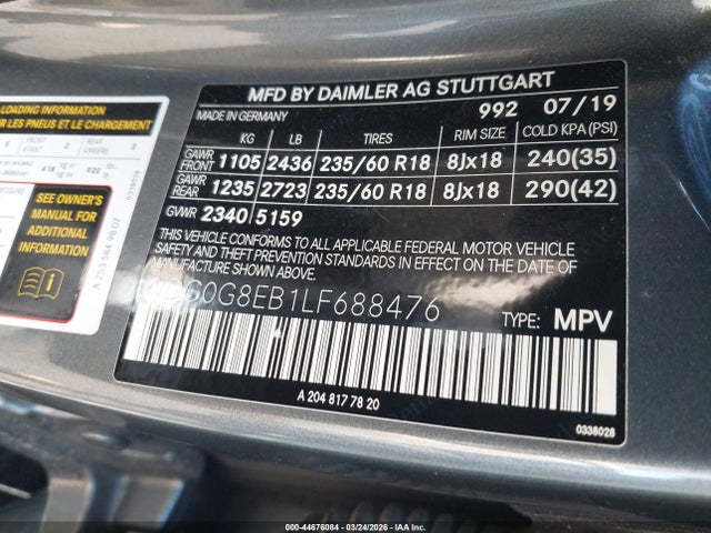 Aukcja sprzedaży 2020 Mercedes-benz Glc 300 4matic, vin: WDC0G8EB1LF688476, numer aukcji: 44676084