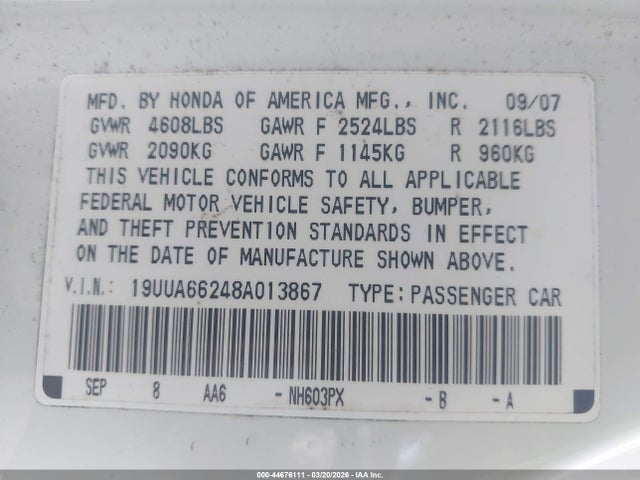Aukcja sprzedaży 2008 Acura Tl 3.2, vin: 19UUA66248A013867, numer aukcji: 44676111