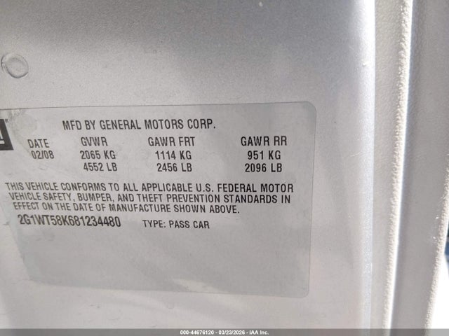 2008 Chevrolet Impala Lt მანქანა იყიდება აუქციონზე, vin: 2G1WT58K681234480, აუქციონის ნომერი: 44676120