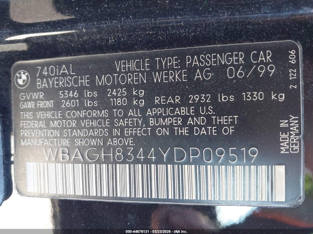 Продаж на аукціоні авто 2000 Bmw 740il, vin: WBAGH8344YDP09519, номер лоту: 44676131