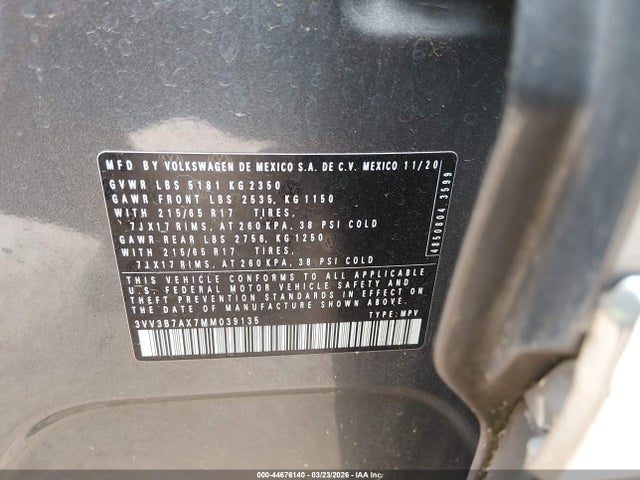 44676140 :رقم المزاد ، 3VV3B7AX7MM039135 vin ، 2021 Volkswagen Tiguan 2.0t Se/2.0t Se R-line Black/2.0t Sel مزاد بيع