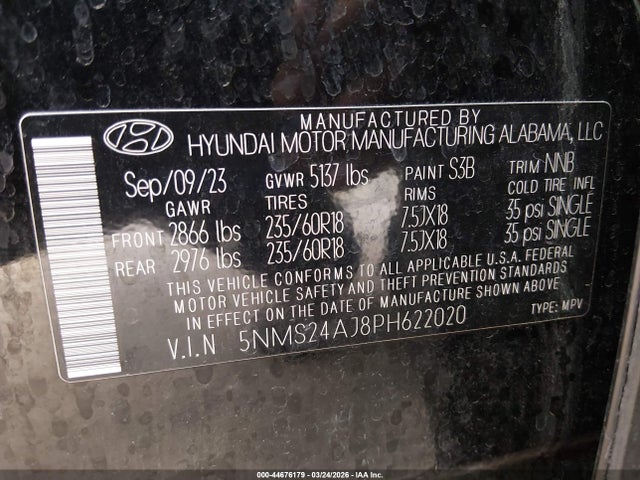 Продаж на аукціоні авто 2023 Hyundai Santa Fe Sel, vin: 5NMS24AJ8PH622020, номер лоту: 44676179