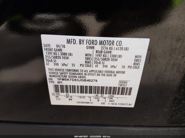 Aukcja sprzedaży 2018 Ford Explorer Xlt, vin: 1FM5K7D83JGB40279, numer aukcji: 44676207
