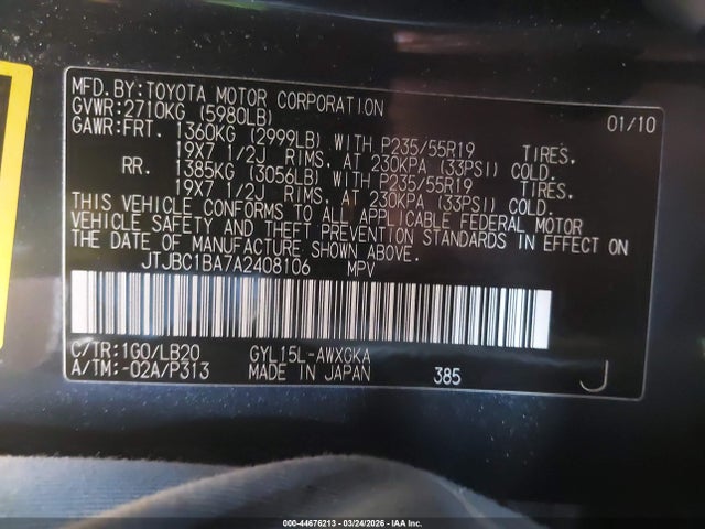 Aukcja sprzedaży 2010 Lexus Rx 450h, vin: JTJBC1BA7A2408106, numer aukcji: 44676213