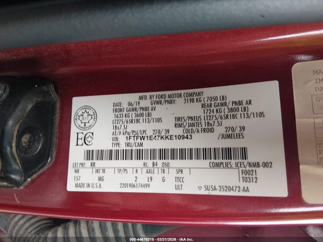 Продаж на аукціоні авто 2019 Ford F-150 Xlt, vin: 1FTFW1E47KKE10943, номер лоту: 44676218