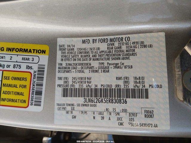 Aukcja sprzedaży 2014 Lincoln Mkz, vin: 3LN6L2GK5ER830836, numer aukcji: 44676234
