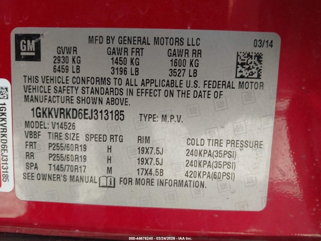 Продажа на аукционе авто 2014 Gmc Acadia Slt-1, vin: 1GKKVRKD6EJ313185, номер лота: 44676240