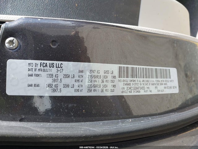 2017 Chrysler Pacifica Limited მანქანა იყიდება აუქციონზე, vin: 2C4RC1GG9HR734953, აუქციონის ნომერი: 44676244