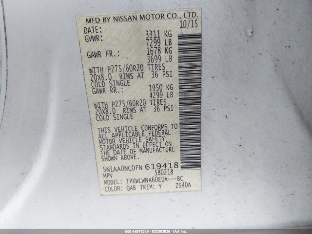 Продаж на аукціоні авто 2015 Nissan Armada Platinum, vin: 5N1AA0NC0FN619418, номер лоту: 44676249