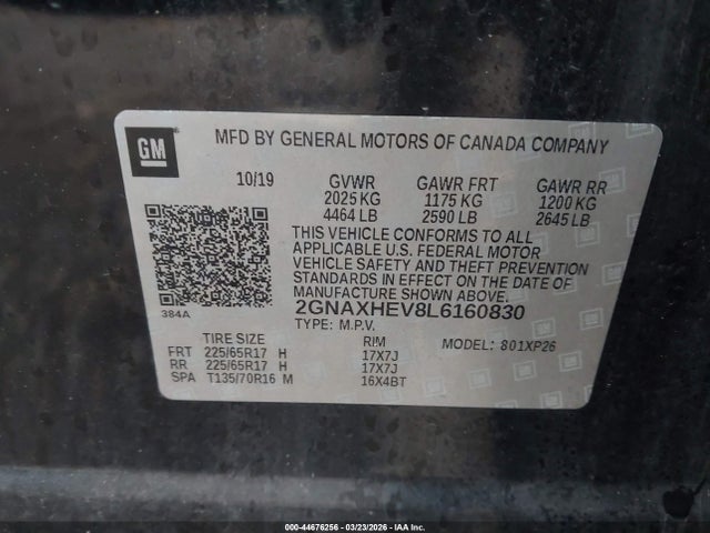 2020 Chevrolet Equinox Fwd Ls მანქანა იყიდება აუქციონზე, vin: 2GNAXHEV8L6160830, აუქციონის ნომერი: 44676256