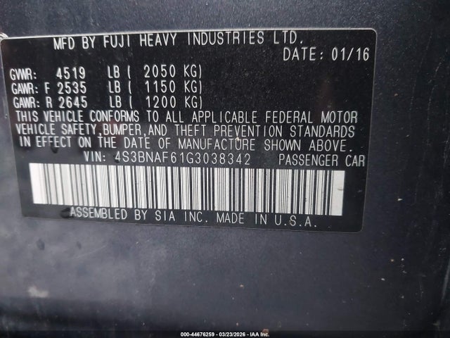 Продаж на аукціоні авто 2016 Subaru Legacy 2.5i Premium, vin: 4S3BNAF61G3038342, номер лоту: 44676259
