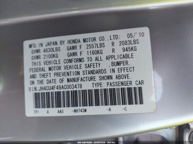 2010 Acura Tsx 3.5 მანქანა იყიდება აუქციონზე, vin: JH4CU4F49AC003478, აუქციონის ნომერი: 44676260