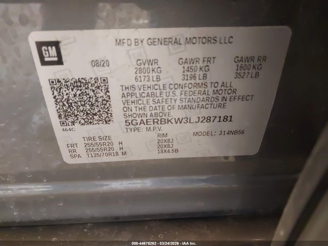 44676262 :رقم المزاد ، 5GAERBKW3LJ287181 vin ، 2020 Buick Enclave Essence مزاد بيع