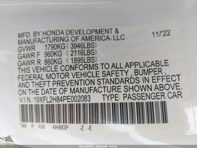 2023 Honda Civic Sport მანქანა იყიდება აუქციონზე, vin: 19XFL2H84PE002083, აუქციონის ნომერი: 44676270