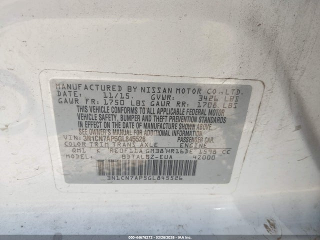 3N1CN7AP5GL845526 Nissan Versa 1.6 S/1.6 S+/1.6 Sl/1.6 Sv