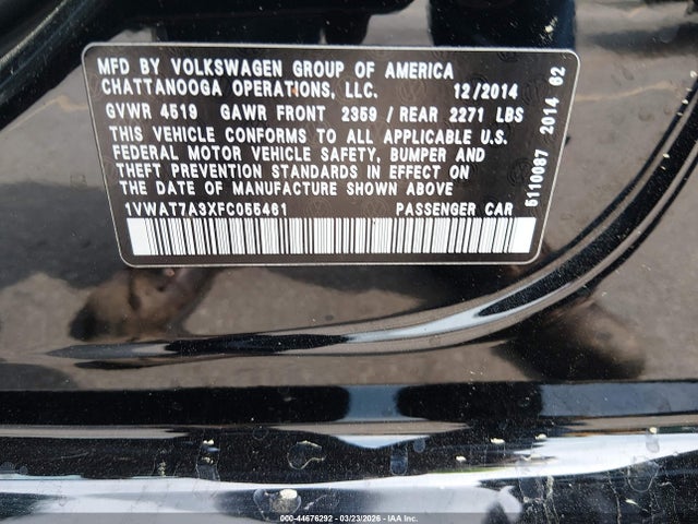 Aukcja sprzedaży 2015 Volkswagen Passat 1.8t Wolfsburg Edition, vin: 1VWAT7A3XFC055461, numer aukcji: 44676292