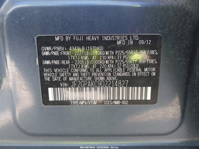 2013 Subaru Xv Crosstrek 2.0i Limited მანქანა იყიდება აუქციონზე, vin: JF2GPAKC9D2214827, აუქციონის ნომერი: 44676344