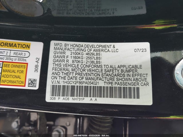 1HGCY2F86PA054021 Honda Accord Hybrid Touring