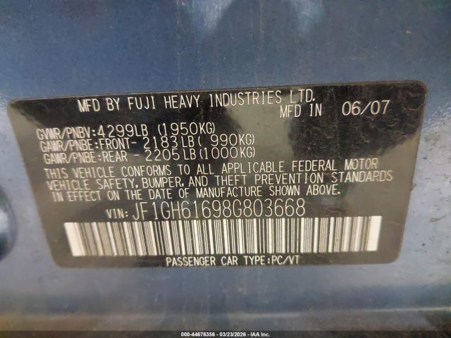 Продажа на аукционе авто 2008 Subaru Impreza 2.5i, vin: JF1GH61698G803668, номер лота: 44676356