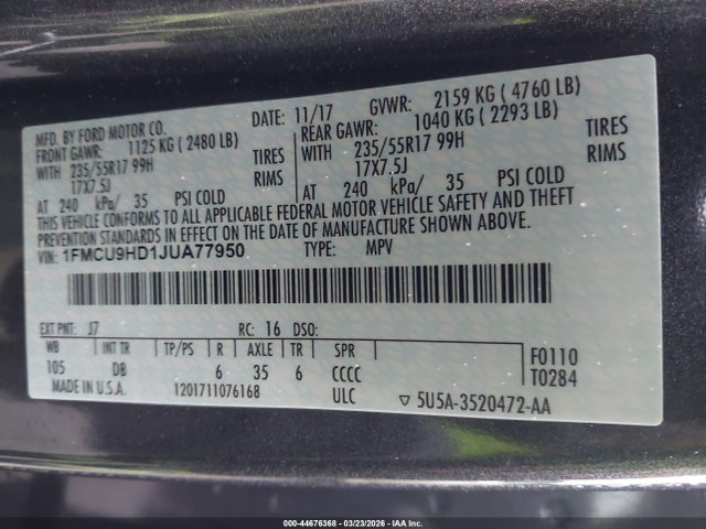 1FMCU9HD1JUA77950 Ford ESCAPE SEL