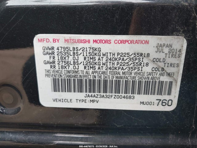 2015 Mitsubishi Outlander Se მანქანა იყიდება აუქციონზე, vin: JA4AZ3A32FZ004683, აუქციონის ნომერი: 44676375